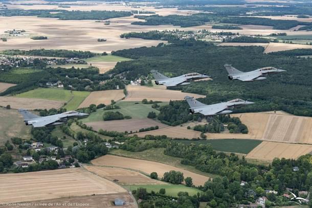 Three IAF's Rafales in formation with the French Rafale closely following. (image via @IAF_MCC)