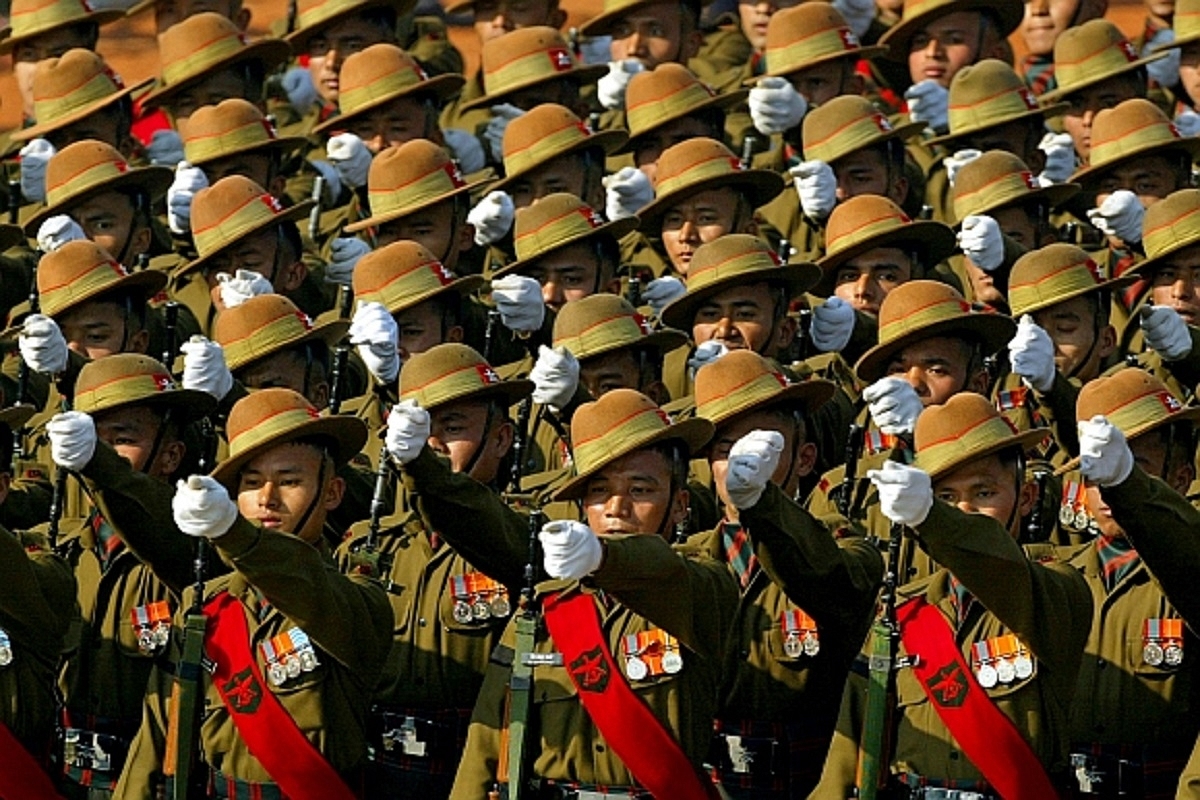Soldiers from the Gorkha Regiment, marching during a parade.