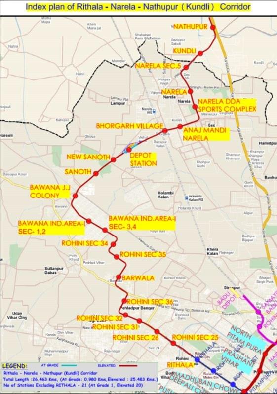 The proposed Rithala-Narela-Kundli Metro corridor.