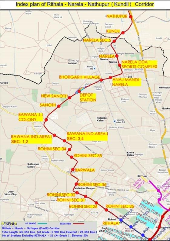 The proposed Rithala-Narela-Kundli Metro corridor.