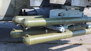 Four-tube rack of Vikhr anti-tank guided missiles loaded on a Ka-52 attack helicopter.