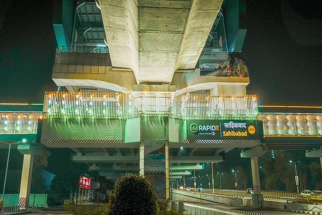 Sahibabad RRTS station lit up in tri-colour lights.