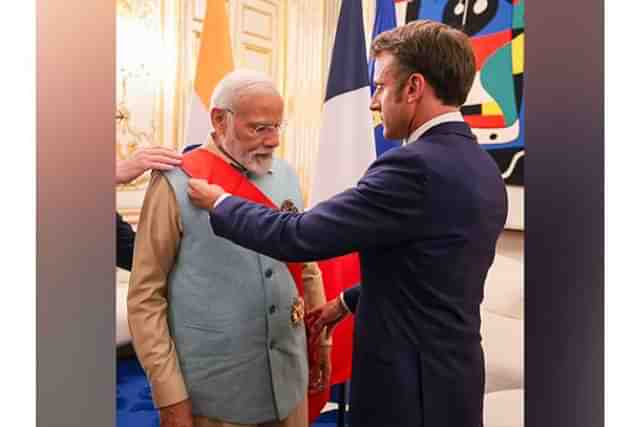 President Emmanuel Macron conferred PM Modi with the Grand Cross of the Legion of Honour, which is the highest recognition in France. (Pic: Twitter)