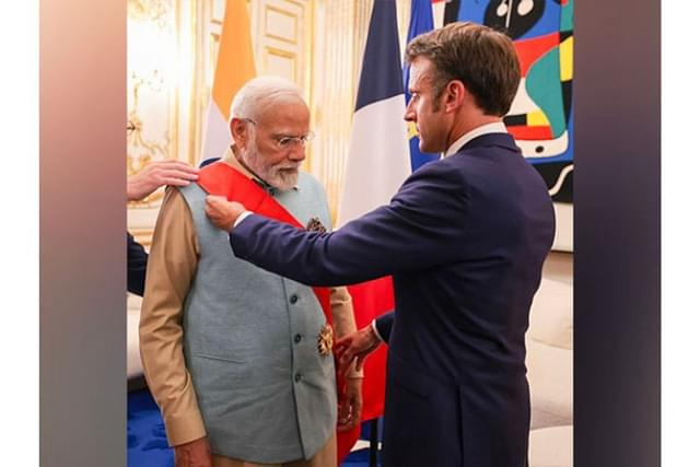 President Emmanuel Macron conferred PM Modi with the Grand Cross of the Legion of Honour, which is the highest recognition in France. (Pic: Twitter)
