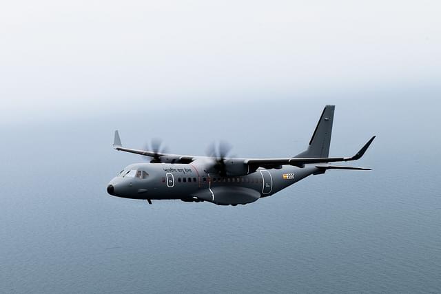 A view of IAF's C-295 aircraft flying over a water body. (Picture via @ReviewVayu)