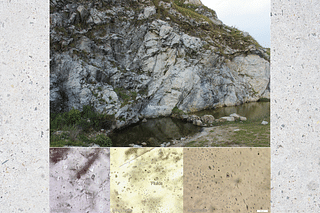 Top: Field exposures of magnesite near Chandak hills, Kumaon; Bottom: Microphotographs of ocean water trapped in magnesite crystals (Photo: Prakash Chandra Arya/IISc)