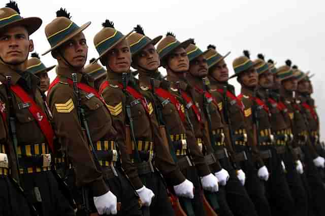 A contingent of Indian Army's Kumaon Regiment marching.