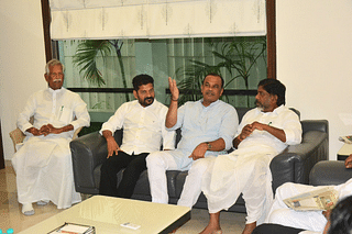 Telangana Congress leaders Revanth Reddy, Komatireddy Venkat Reddy and Bhatti Vikramarka at the meeting