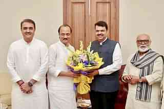 From left to right: Praful Patel (NCP), Ajit Pawar (NCP), Devendra Fadnavis (BJP), and Chhagan Bhujbal (NCP). (Twitter)  