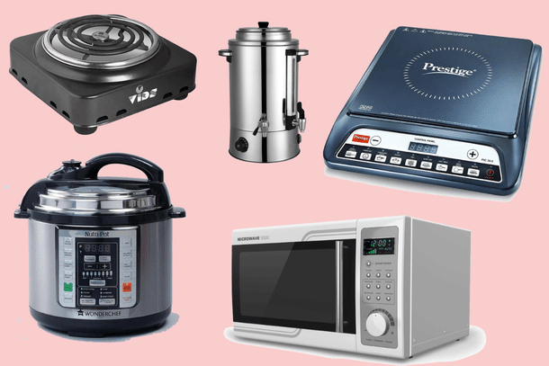 Going electric in the kitchen. Clockwise from top left: basic electric coil stove; milk boiler; induction cooktop; microwave oven; smart cooker