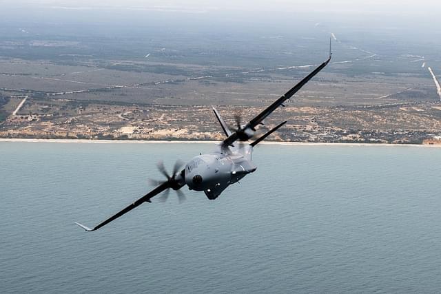 The C-295 aircraft banking left. (Image via X/@ReviewVayu)