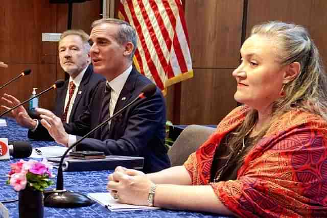 US Ambassador Eric Garcetti (centre) speaking to media in Kolkata.