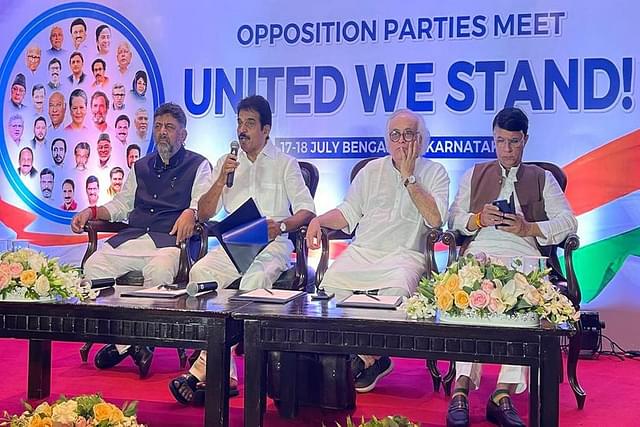 Congress party briefing by K C Venugopal and Jairam Ramesh, ahead of the Opposition Parties Meet in Bengaluru. (The Hindu)