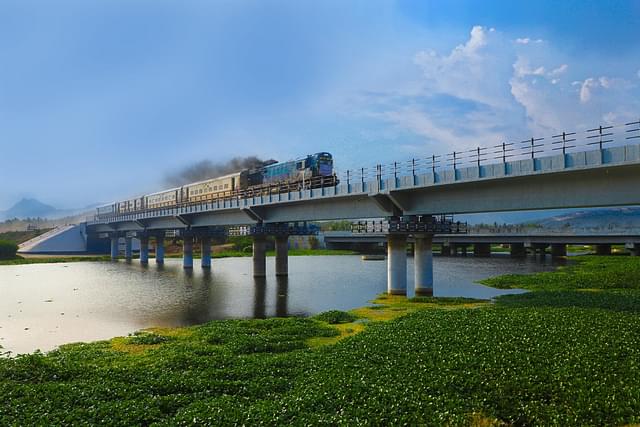 Train crossing the Vaigai River Bridge in Tamil Nadu.
