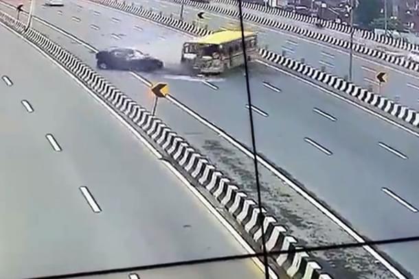 Head-on collision between a TUV and a school bus on the Delhi-Meerut Expressway. (Screengrab from CCTV video)
