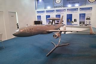 Model of DRDO A330-based AWACS with circular-sized Radome at the top displayed at Aero India 2017. (Image via Twitter @AsiaJetWatch)