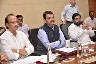(R to L) Maharashtra CM Eknath Shinde and Deputy CMs Devendra Fadnavis and Ajit Pawar. (Image via X)