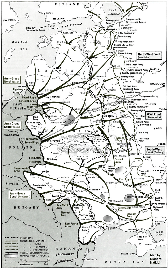 Operation Barbarossa, 22 June 1941;
Source: Atlas of World War II by Richard Natkiel