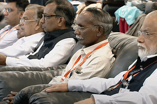 Videograb from the Chandrayaan-3 soft-landing telecast shows former ISRO chief K Sivan seated in the Bengaluru mission control.