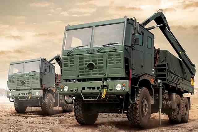 Tata Motors 6x6 High Mobility Vehicles (HMVs) with material handling crane installed. (Picture via Tata Motors)