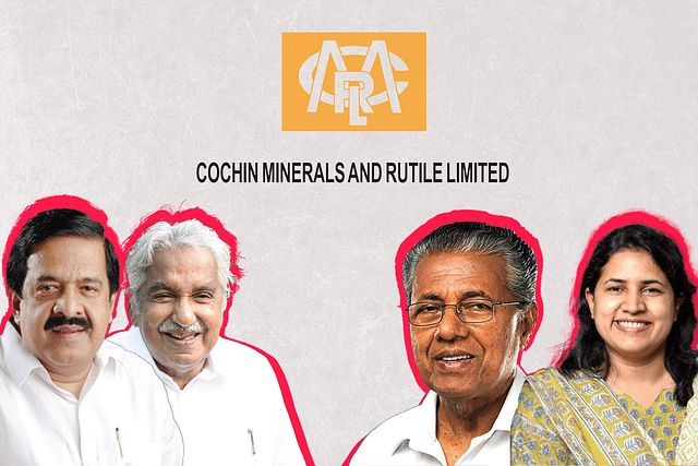 Chennithala and Oomen Chandy (L); Pinarayi Vijayan and Veena Vijayan (R)