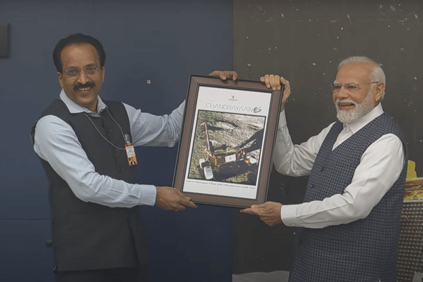 ISRO Chairman S Somanath and Prime Minister Narendra Modi during the latter's visit to the mission control in Bengaluru