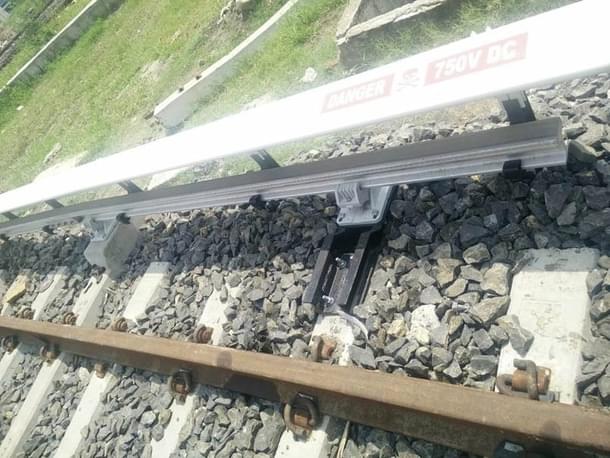 The power to the metro rake is supplied to rolling stock at 750 V DC through steel third rail system.