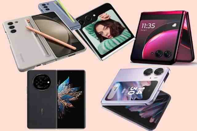 Foldable phones currently available in India: Clockwise from top left: Samsung Galaxy Z Fold 5, Samsung Galaxy Z Flip 5, Motorola Razr 40 Ultra, Oppo Find N2 Flip, Tecno Phantom V Fold.