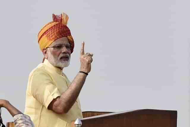 Prime Minister Narendra Modi addresses the nation on the occasion of 71st Independence Day celebrations at the Red Fort in New Delhi. (Raj K Raj/Hindustan Times via GettyImages)  