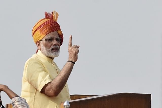 Prime Minister Narendra Modi addresses the nation on the occasion of 71st Independence Day celebrations at the Red Fort in New Delhi. (Raj K Raj/Hindustan Times via GettyImages)  