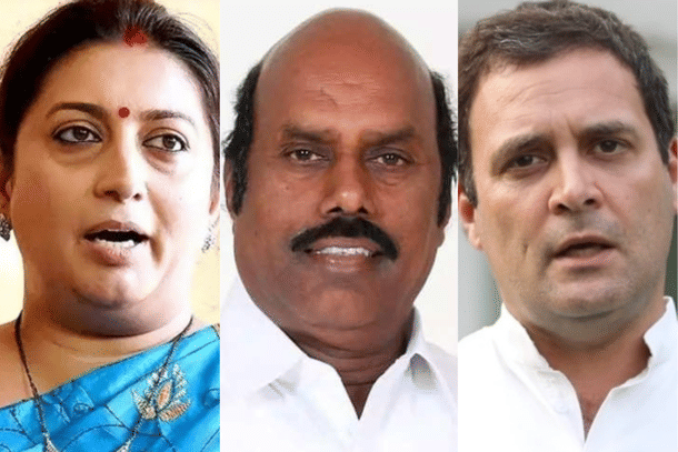 Smriti Irani (L), EV Velu (C) and Rahul Gandhi (R)