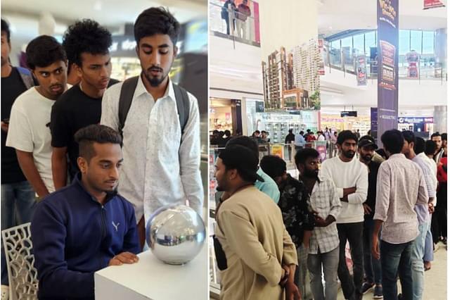 Bengaluru's Mantri Mall on 27 July as a long queue of young people forms to register at the Worldcoin desk with an iris scan. (Photos: Vishnu Anand).