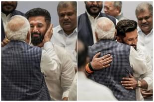Prime Minister Narendra Modi affectionately patting and hugging Chirag Paswan at the NDA meet in New Delhi, 18 July.