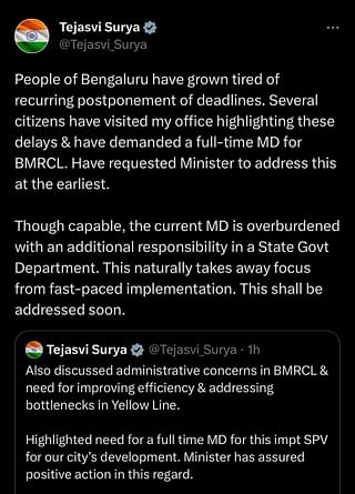 Citing frequent delays, MP Tejasvi Surya puts focus on Bengaluru Metro administration.
