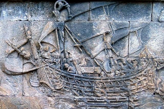 A relief depicting an ancient Indian ship at the Borobudur temple, Java, Indonesia. (Micheal J. Lowe/Wikimedia Commons)
