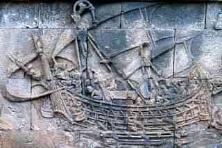 A relief depicting an ancient Indian ship at the Borobudur temple, Java, Indonesia. (Micheal J. Lowe/Wikimedia Commons)