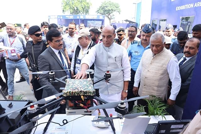 Defence Minister Rajnath Singh inspecting a drone at Drone Shakti 2023 exhibition. (Image via X/@IAF_MCC)