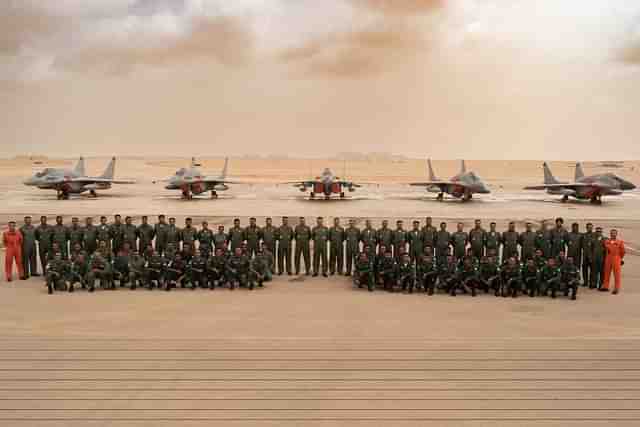 Indian Armed Forces tri-service contingent posing in front of the five IAF's Mig-29 jets in Egypt. (Pic via X @IAF_MCC)