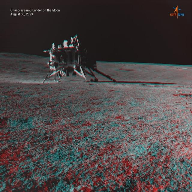 Chandrayaan-3 lander on the Moon as an anaglyph, shared by ISRO on X