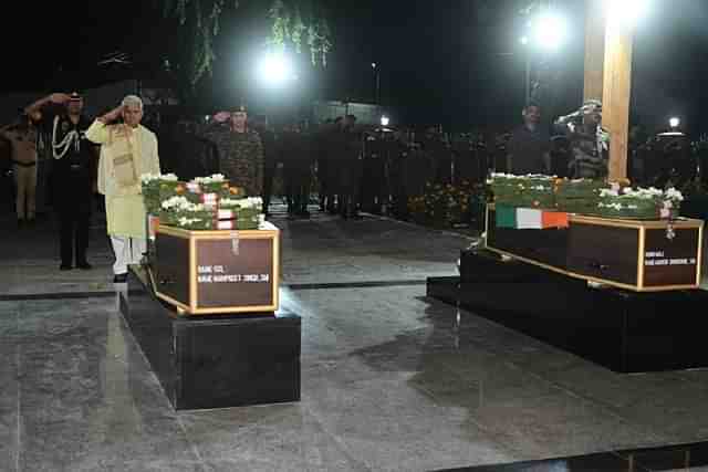 Jammu and Kashmir Lieutenant Governor Manoj Sinha pays homage to Colonel Manpreet Singh and Major Ashish Dhonchak who were martyred in an encounter with terrorists in Anantnag district.
