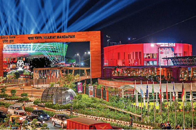 Illuminated Bharat Mandapam, the venue of the G20 summit, at Pragati Maidan.