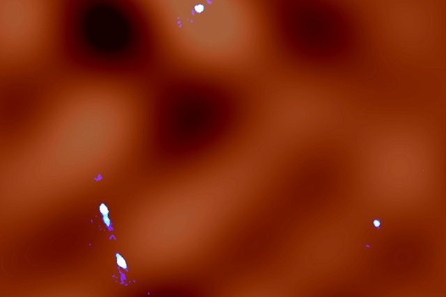 Detected fluctuations of dark matter. The brighter orange color indicates regions with high dark matter density and the darker orange color indicates regions with low dark matter density. (Credit: ALMA (ESO/NAOJ/NRAO), K.T. Inoue et al.)