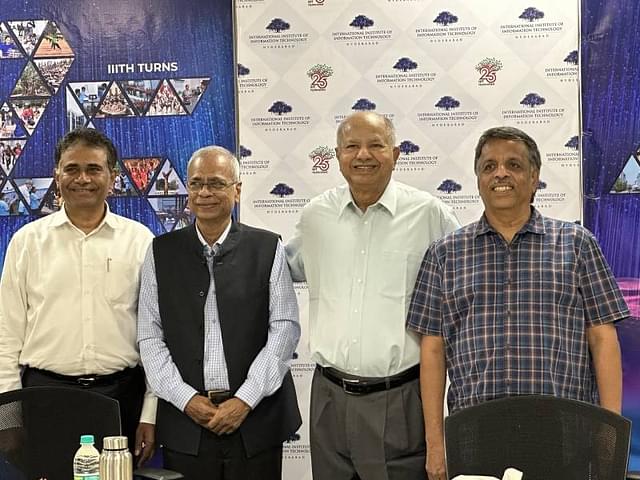 Change of guard at IIIT Hyderabad: From left: Srini Raju, Founder member of IIIT-H and Chairman, iLabs Group, Hyderabad,  Prof Ashok Jhunjhunwala,  the new Chairman of the governing council, Prof Raj Reddy, who was Chairman from 1998 to 2023, Prof P J Narayanan director IIIT-H since 2013.