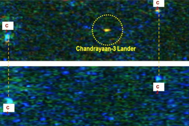 Chandrayaan-3 Vikram lander imaged by a radar on the Chandrayaan-2 orbiter