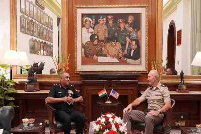 Indian Army Chief General Manoj Pande meeting US Army Chief Gen Randy George at the 13th Indo-Pacific Army Chief Conclave. (Pic via X @ANI)