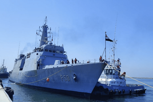 Indian Navy's INS Sumedha (P58) offshore patrol vessel docking at the Egyptian port of Alexandria as part of the Bright Star 2023 multi-lateral exercise. (Pic via X @@indiannavy)