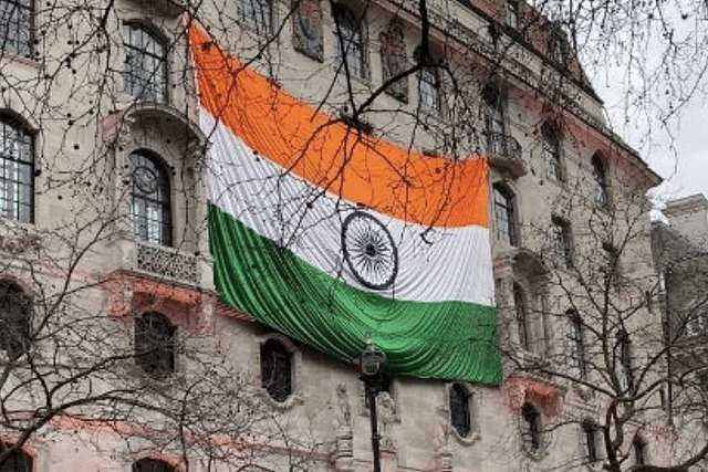 A large Indian flag was put up outside the High Commission in London after attack by the Khalistani protesters (Pic Via Orissapost)