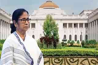 Chief Minister Mamata Banerjee against the backdrop of the state assembly. 