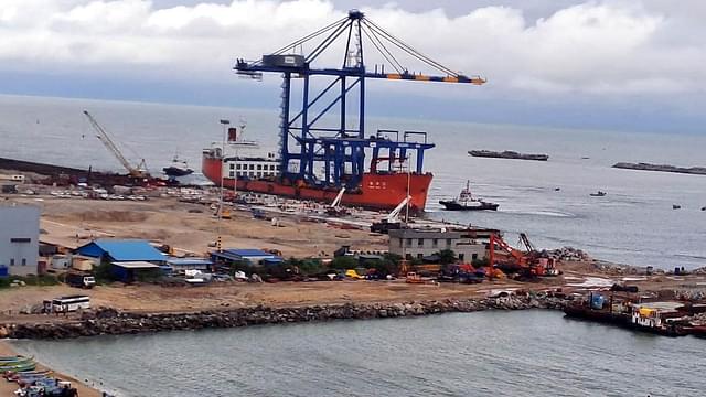 A Chinese ship with cranes for the Vizhinjam international port berthing at Vizhinjam in Thiruvananthapuram on October 12, 2023. (The Hindu)