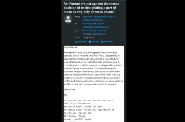 Associate Dean asking the student to resolve the matter through talks